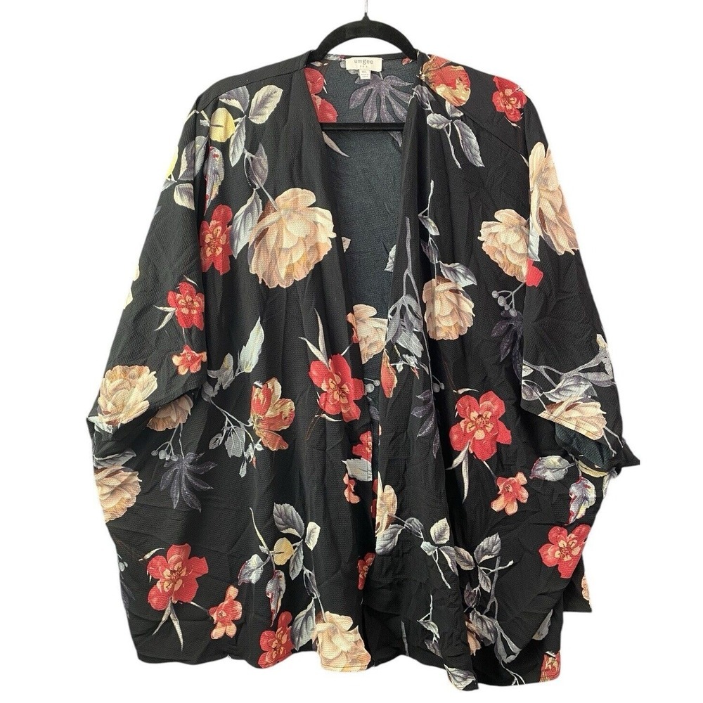 UMGEE Women Floral Kimono Wrap Sz M/L Black Casual Stylish Mature Lounge 37-1